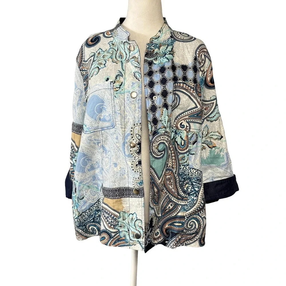 Chico's Jacket Womens 3 16/18 Reversible Linen Navy Paisley Patchwork Snap Front